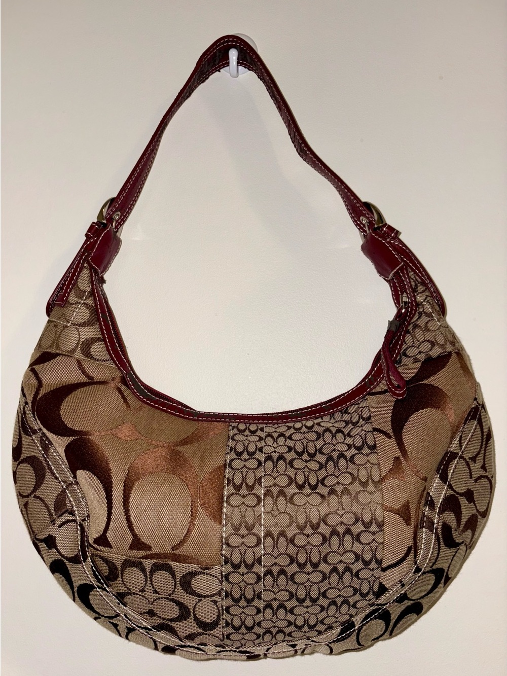 Vintage Y2K Coach Soho Patchwork Signature Canvas Hobo Bag - Brown Burgundy